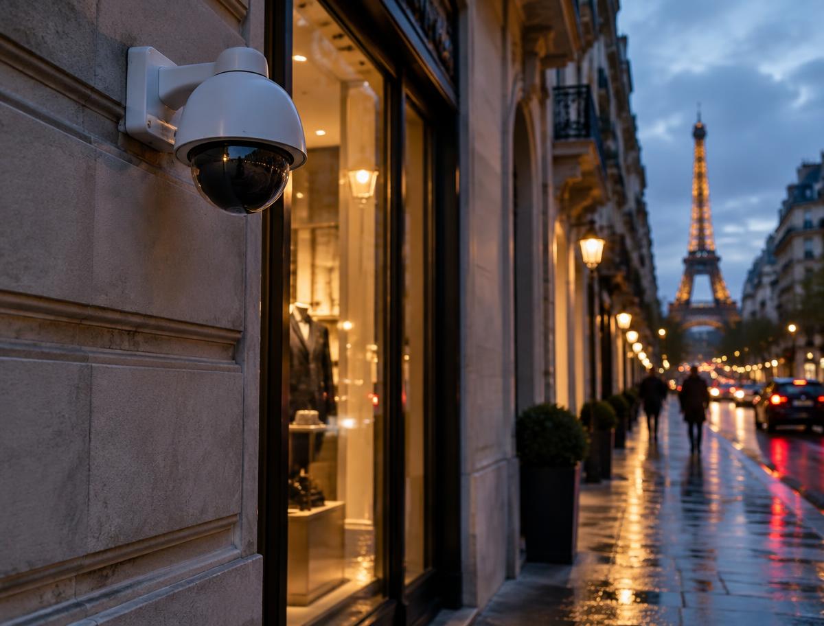 Caméra de surveillance installée sur la façade d'une boutique