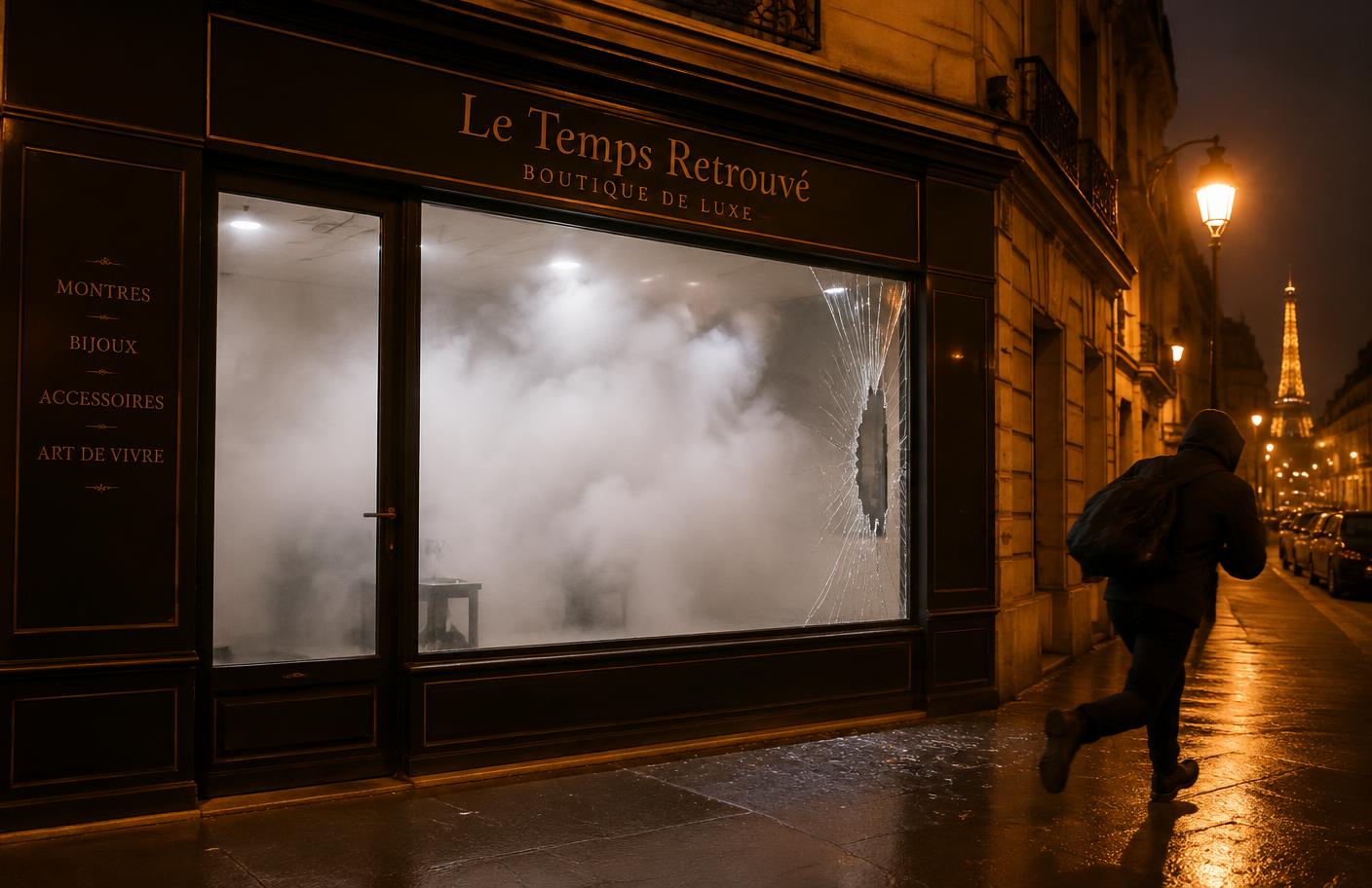 Casseur qui s'enfuit devant une boutique remplie de brouillard