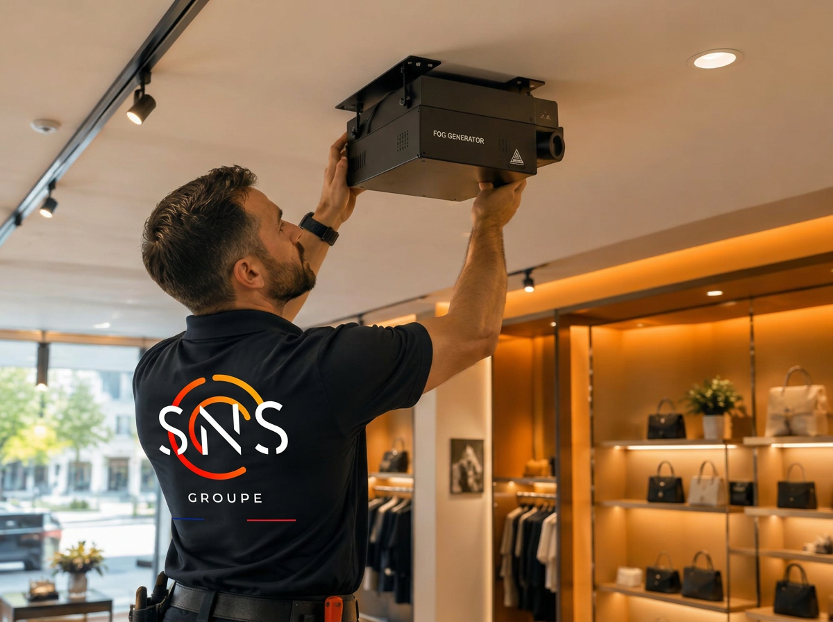 Technicien SNS Groupe installant un générateur de brouillard